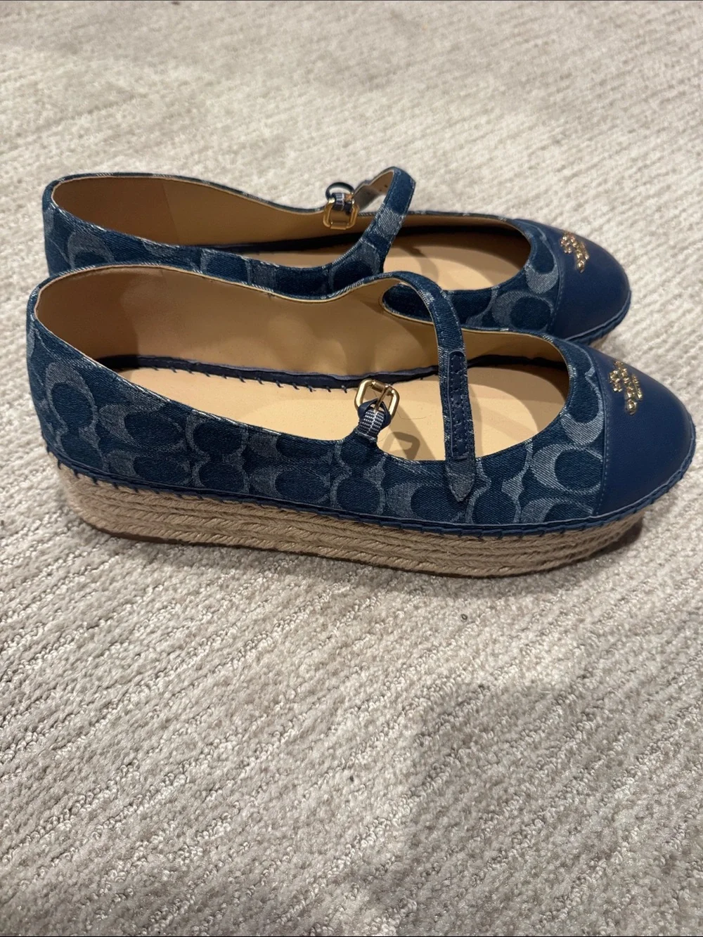 Coach Denim Blue Signature Mary Jane Flats with Gold Accent
